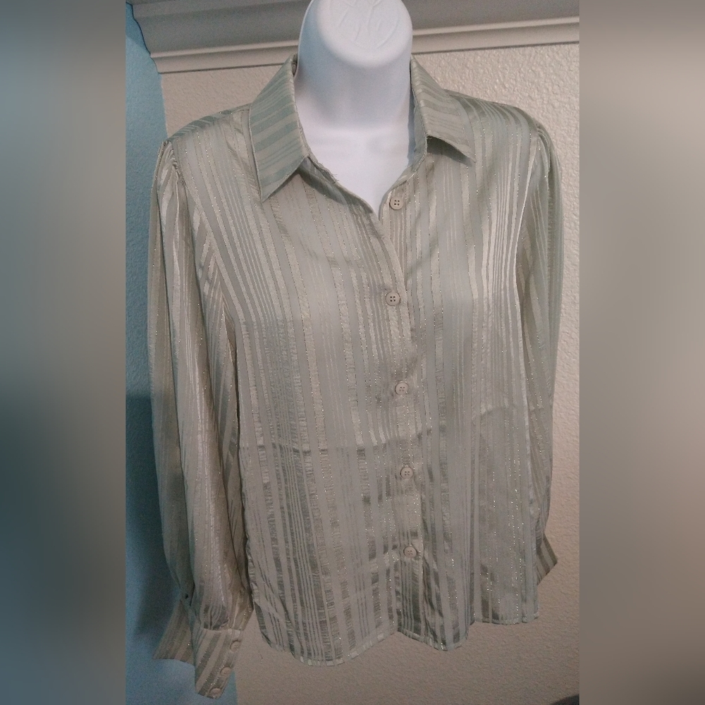 HYFVE Woven Sheer Blouse, Sage Green with silver thread, size Small